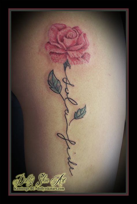 Rose With Words As Stem Tattoo, Rose With Name Stem Tattoo, Rose Tattoo With Words As Stem, Flower Tattoo With Words As Stem, Long Stem Rose Tattoo, Flower Stem Tattoo, Rose With Stem Tattoo, Rose Name Tattoo, G Heart Tattoo