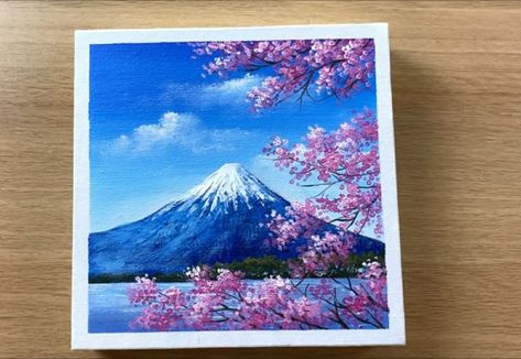 Fuji Painting, Oak Art, Canvas Painting Projects, Color Theory Art, Food Art Painting, Painting In Acrylic, Cherry Blossom Painting, Mont Fuji, Simple Painting