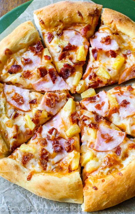 Hawaiian Pizza by sallysbakingaddiction.com. This crowd-pleasing recipe starts with my fluffy homemade pizza crust and is finished with a sprinkle of crisp bacon. Hawaiian Pizza Recipe, Chicago Style Deep Dish Pizza, Homemade Pizza Crust, Pineapple Pizza, Sally's Baking, Canadian Bacon, Pizza Recipes Homemade, Deep Dish Pizza, A Pizza