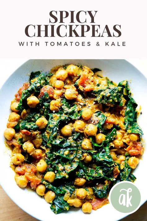 Made from mostly pantry ingredients, these spicy chickpeas with tomatoes and kale come together in no time and are incredibly tasty! #chickpeas #spicy #vegetarian #weeknightdinner Spicy Chickpeas, Grandma Recipes, Meatless Recipes, Pantry Ingredients, Wfpb Recipes, Chickpea Recipes, Canned Chickpeas, Vegetarian Options, Veggie Dishes