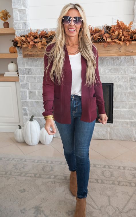 Our Favorite Boyfriend Cardigan - Burgundy Casual Business Attire For Women Jeans, Plum Cardigan Outfit, Cardigan Outfits For Work, Burgandy Cardigan Outfits, 40 Year Old Womens Fashion Winter, 2024 Fall Trends For Women, Burgundy Cardigan Outfit Fall, Fall Teacher Style, Curvy Business Casual Outfits