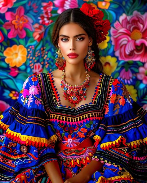 Midweek color inspo. #modernmexicanas #chicanavibes #moreismore Mexican Dress Up, Mariachi Outfit, Folklorico Dresses, Brazilian Dress, Pre Raphaelites, Viking Hairstyles, Women Party Ideas, Mexico People, Viking Warrior Woman