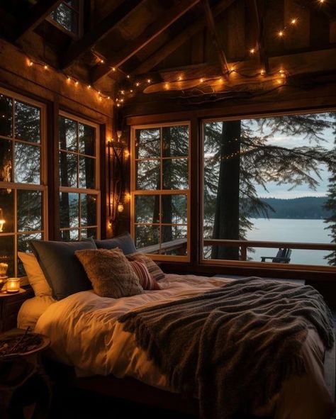 Cozy Room Inspo Rustic, Warm Cabin Aesthetic, Lake House Aesthetic Interior, Snow Cabin Interior, Romantic Cabin Bedroom, Cozy Cabin Interior, Home In The Woods, Mountain Cabins, Cabin Aesthetic