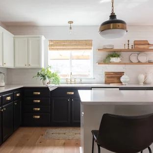 Tuxedo Kitchen Cabinets, Tuxedo Kitchen, Black Lower Cabinets, Kitchens Traditional, White Upper Cabinets, Brass Kitchen Hardware, White Kitchen Traditional, Lower Cabinets, Black And White Kitchen