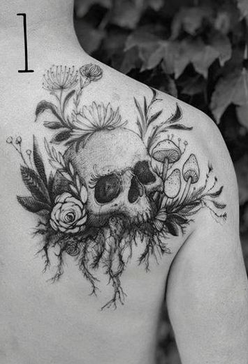 Floral Skull Tattoos, Skull Tattoo Flowers, Feminine Skull Tattoos, Shoulder Blade Tattoo, Garden Tattoos, Armband Tattoos, Wildflower Tattoo, Bone Tattoos, Mushroom Tattoos