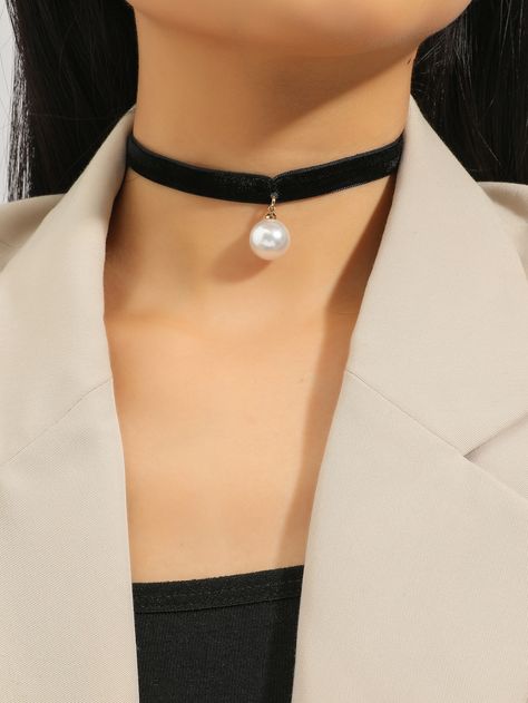 Black Fashionable Collar  Fabric  Chokers Embellished   Jewelry Embellished Fashion, Charm Choker Necklace, Pearl Decor, Pearl Charms, Pendant Necklaces, Faux Pearl, Choker, Choker Necklace, Fashion Jewelry