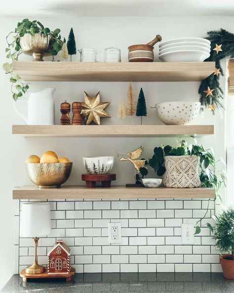 🌲Christmas Shelfie🌲 I don’t have any regrets putting open shelves in the kitchen, this is still one of my favorite spots to decorate!… | Instagram Kitchen Canisters On Counter, Decorating Open Shelves In Kitchen, Open Shelving Decor, Kitchen Open Shelf, Kitchen Xmas Decor, Diy Mantel, Diy Fireplace Makeover, Add A Bathroom, Diy Handyman