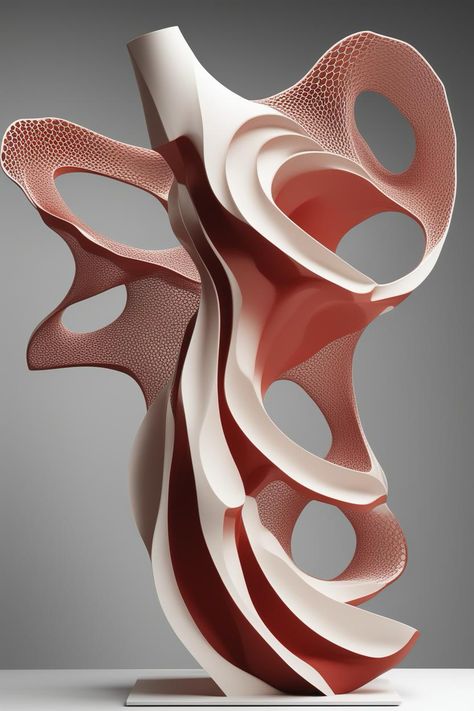 A three-dimensional digital sculpture of a woman dancing that combines organic forms with geometric patterns. The sculpture should be characterized by intricate honeycomb-like patterns that create an organic form, resembling a woman dancing in motion. A striking feature should be a flowing element, like red hair, at the top of the structure, providing a vivid contrast to the neutral tones of the rest of the piece. The base should be simple and dark to highlight the complexity and color of the sculpture. The overall image should blend natural shapes and precise geometry, creating an aesthetically pleasing and thought-provoking piece of art. 
https://apps.apple.com/us/app/genzart-ai-art-generator/id1669915100 Color Theories, Geometry In Nature, Woman Dancing, Organic Structure, Digital Sculpture, Architecture Design Sketch, Be Simple, Organic Forms, Art Generator