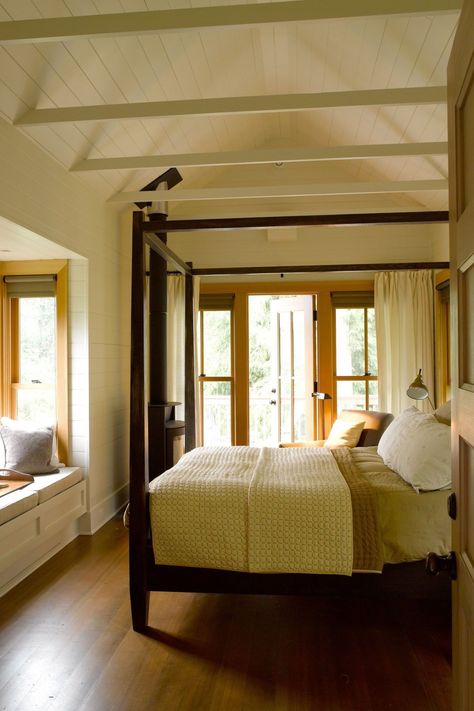 Secluded cabin retreat on the San Juan Islands with a writer's cottage #bedroom #window #seat Cabin Inspired Bedroom, Light Walls, Cozy Rooms, Secluded Cabin, Bedroom Cabin, Four Poster Bed, Bedroom Images, Four Poster, Poster Bed