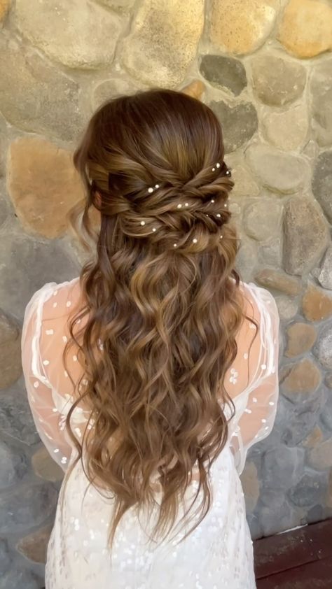 Monica Cottereau | BRIDAL HAIRSTYLES | These cutie pearl accents are included with any Bridal style 🩵 the pattern can be customized! Half-up hairstyles on Wedding Days will... | Instagram Wedding Hairstyles Half Up Half Down With Pearls, Boho Hair Bridal, Long Curly Wedding Hairstyles Down, Half Up Half Down Hairstyles Bride, Wedding Ideas Hairstyles, Half Up Half Down Hair With Pins, Bridal Hair Accessories Half Up, Wedding Day Hair Half Up, Bridal Hairstyle Half Up