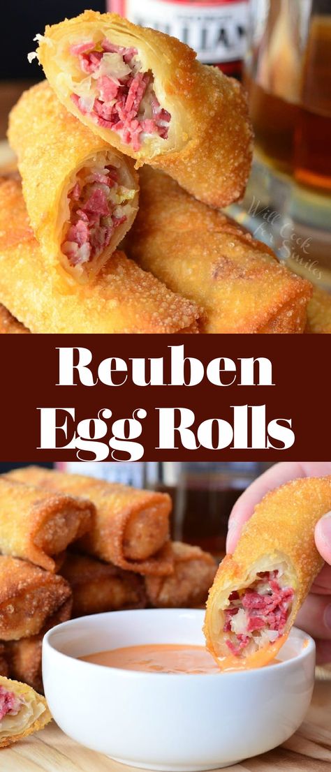 Reuben Egg Rolls, Egg Roll Recipe, Homemade Egg Rolls, Corned Beef Recipes, Thousand Island, Thousand Island Dressing, Egg Roll Recipes, Roll Recipe, Egg Roll