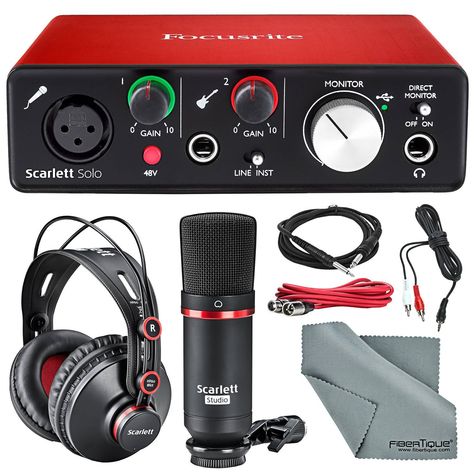 Amazon.com: Focusrite Scarlett Solo Studio Kit Bundle –Contains Focusrite Scarlett Solo USB Audio Interface + CM25 Condenser Microphone + HP60 Studio Headphones and + Cables, Fibertique Cleaning Cloth: Computers & Accessories Focusrite Scarlett 2i2, Home Recording Studio Setup, Recording Studio Setup, Studio Floor Plans, Mixer Audio, Home Studio Ideas, Music Mixing, Home Studio Setup, Music Studio Room