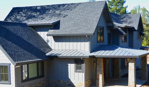 Trend-setting mixed Metal and shingle roofing - Marin County Wedge Roofing Mixed Roofing Materials, Types Of Roof Shingles, Unique Roof, Metal Shingle Roof, Slate Shingles, Metal Shingles, Shingle Roof, Roof Ideas, Shingle Colors