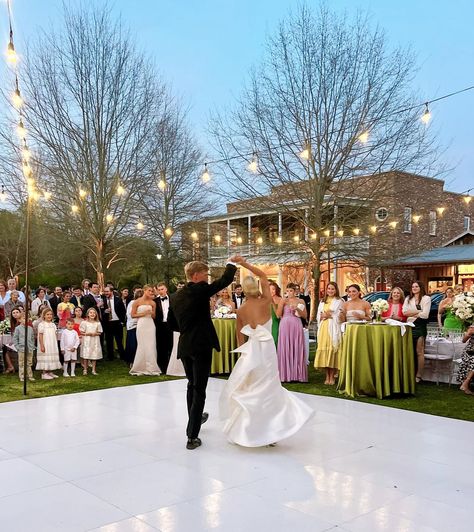 Aesthetic Spring Wedding, Wedding Different Ideas, Wedding Walk Out, Wedding Reception Tables Layout 200 People, White Dance Floor Wedding, March Wedding Ideas, Wedding Views, Silly Wedding, Early Spring Wedding