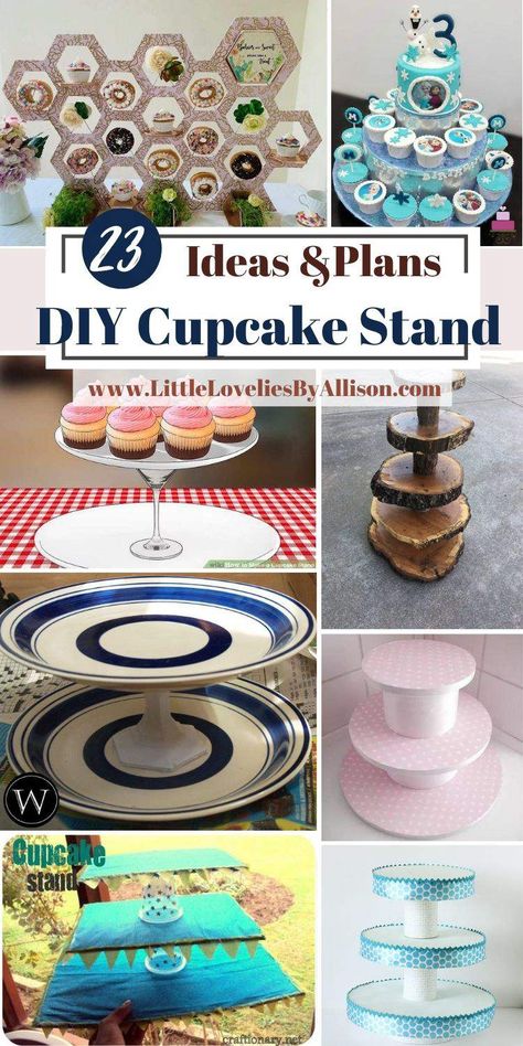 23 DIY Cupcake Stand: How To Make A Cupcake Tower Cupcake Holder Ideas Display, Creative Cupcake Display, Ways To Display Cupcakes At Wedding, Cupcake Tiers Stand Display Ideas, Cupcake Serving Ideas, Cupcake Tower Wedding Diy, Graduation Cupcake Display Ideas Diy, Wedding Cupcake Display Diy, Cupcake Centerpiece Ideas