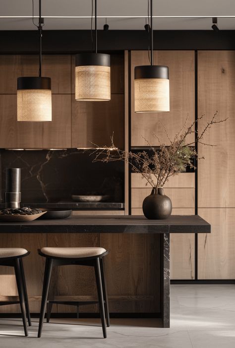 The Insider Secrets of the Japandi Color Palette Black And Light Wood Interior Design, Dark Muji Interior, Kitchen Back Wall Ideas, Japandi Interiors Black, Fun Kitchen Design, Black Japandi Kitchen, Functional Kitchen Ideas, Japandi With Color, Japandi Dark Wood