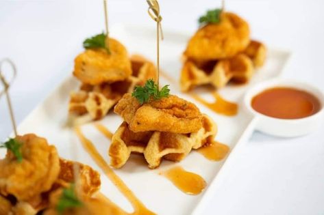 Appetizer and finger food ideas for formal or casual events. Chicken & Waffle bites, butler-passed hors d’oeuvres. Metro-Detroit catering. Michigan weddings and brides. Appetizers for wedding reception, butler-passed appetizers, hors d’oeuvres, bite-sized appetizers, finger food Wedding Passed Appetizers, Waffle Appetizer, Chicken And Waffle Bites, Graduation Food Ideas, Waffle Bites, Wedding Hors D'oeuvres, Horderves Appetizers, Passed Appetizers, Wedding Finger Foods