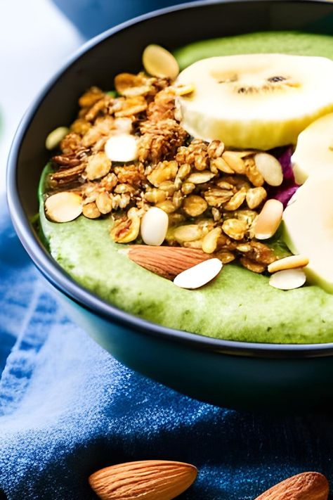 Smoothie Bowl with Spinach and Almond Butter - Vegan Focus Banana And Almond Butter, Sweet Smoothies, Spinach Smoothie, Bowl Recipes, Smoothie Bowl Recipe, Cashew Butter, Sliced Almonds, Inspired Recipes, Pine Nuts