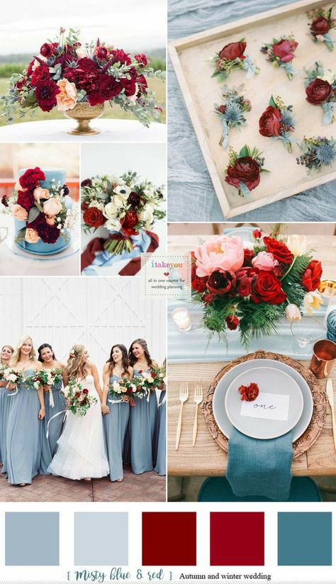 Wedding Season Colors, Red And Blue Wedding, Wedding Color Palettes, Wedding Burgundy, Wedding Color Combos, Wedding Color Trends, Maroon Wedding, Dusty Blue Bridesmaid Dresses, Winter Wedding Colors