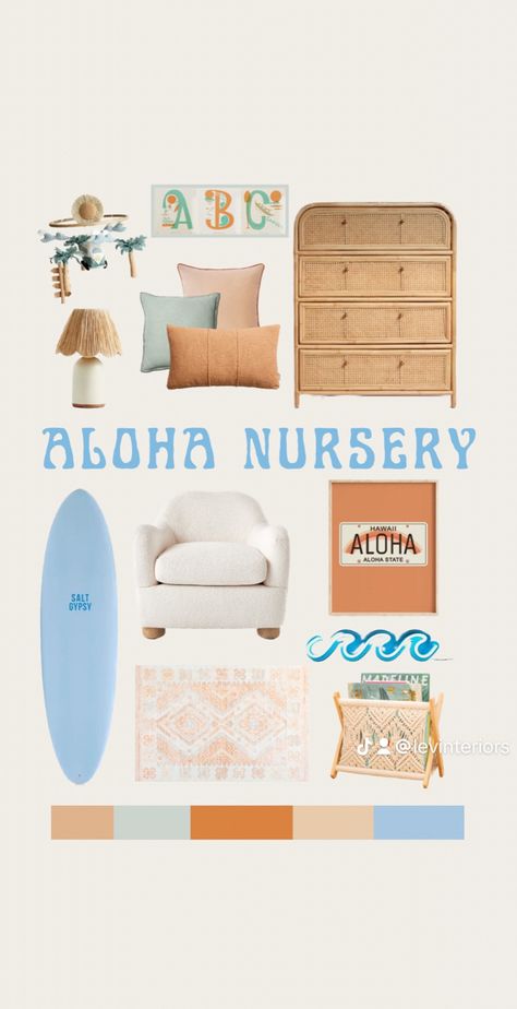 Aloha tropical surf nursery idea moodboard. Orange and blue island style boho Surf Nursery Decor, Surfer Baby Nursery, Surfer Girl Nursery, Surf Themed Nursery, Coastal Nursery Boy, Hawaii Nursery, Boho Beach Nursery, Tropical Baby Nursery, California Nursery