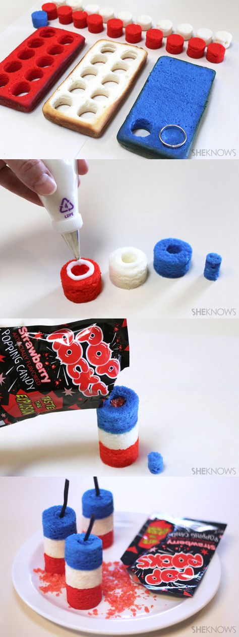 You can also hide Pop-Rocks inside little firecracker-shaped cakes for a snappy surprise. | 29 Fun And Easy Fourth-Of-July Treats Your Kids Will Love Paula Dean, Cupcakes Decorados, 4th Of July Desserts, Fourth Of July Food, Kids Treat, Cake Bites, Military Life, 4th Of July Party, Cool Ideas