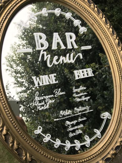 Mirror Sign Bar Menu Bar Menu On Mirror, Wedding Menu Sign Ideas, Bar Mirror Sign, Mirror Menu Board, Mirror Bar Sign, Wedding Bar Sign Mirror, Mirror Bar Sign Wedding, Bar Sign Wedding Signage, Wedding Mirror Sign