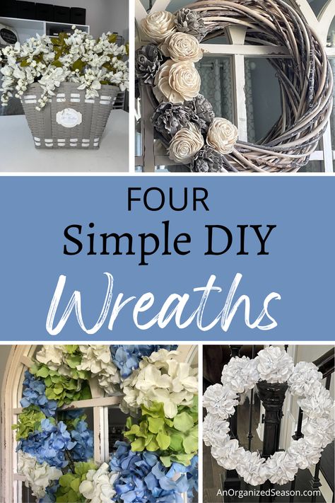 Looking for a fun DIY project to brighten up your home? 💡 Check out these Four Simple DIY Wreaths! With easy-to-follow steps and materials you probably already have lying around, you'll have a brand new wreath in no time! 🎨 Please pin this and follow us for more DIY and seasonal home decor inspiration! 📌 Wood Flower Wreath, Cream Wreath, Plain Wreaths, Paper Flower Wreaths, Basket Wreath, Creative Wreaths, Diy Spring Wreath, All Season Wreath, Pretty Wreath