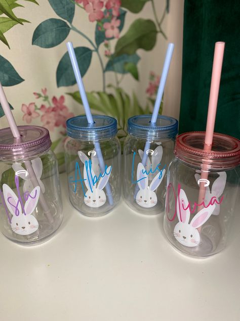 Personalised Easter Cups Tumbler With Straws, Bunny Faces, Pink, Purple, Blue & Yellow Bunny Cups Diy, Bad Bunny Plastic Cup, Personalised Easter Basket, Easter Cups, Easter Wood Signs, Thermos Bunny Water Bottle, Acrylic Signage, Personalized Stationary, Bunny Face