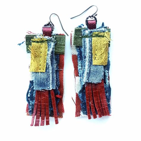 Fabric Scrap Earrings, Textile Earrings Handmade, Fiber Earrings, Textile Earrings, Fabric Flower Headbands, Denim Earrings, Fiber Art Jewelry, Denim Jewelry, Fabric Earrings