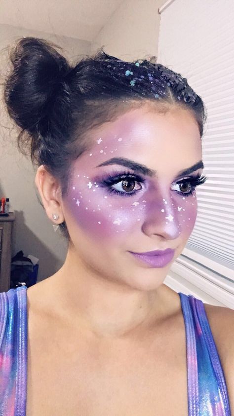 @emmakapotes Space babe galaxy makeup for Halloween Easy Space Makeup Looks, Purple Galaxy Makeup, Space Babe Makeup, Space Themed Costumes Women, Galaxy Makeup Halloween, Space Make Up Galaxy Makeup, Space Woman Costume, Astronaut Makeup Halloween, Galaxy Face Makeup