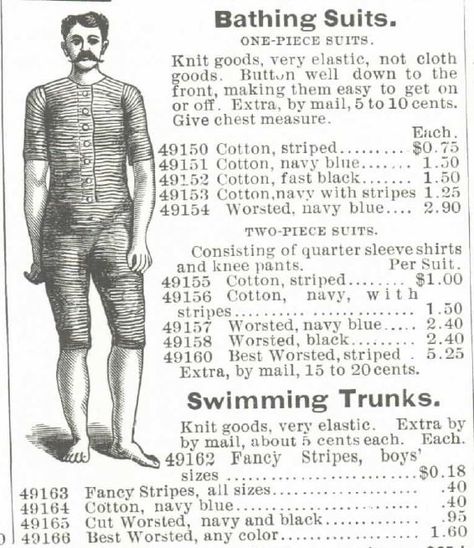 Bathing Suits offered in the Montgomery Ward & Co. 1895 Spring and Summer Catalog | Victorians at the Seashore | KristinHolt.com Victorian Bathing Costume, Edwardian Bathing Suit, Edwardian Swimwear, 1900s Bathing Suits, 1900 Bathing Suit, Vintage Swimmer, Mens Bathing Suits, Bathing Costumes, Victorian Life