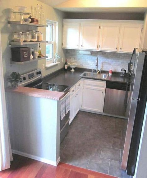 Half Wall Kitchen, Tiny Kitchen Remodel, Tiny Kitchen Design, Shelves Kitchen, U Shaped Kitchen, Small Remodel, Tiny House Kitchen, Kitchen Remodel Before And After, Kitchen Designs Layout