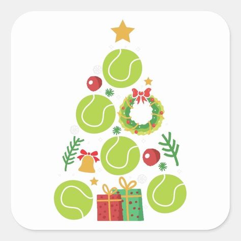 Tennis Christmas Tree Christmas Sports Gift Square Sticker - Tennis Tennis Christmas Card, Tennis Christmas Tree, Christmas Tennis, Pickleball Tshirt, Tennis Christmas, Fun Christmas Cards, Tennis Gifts, All Christmas, Christmas Drawing