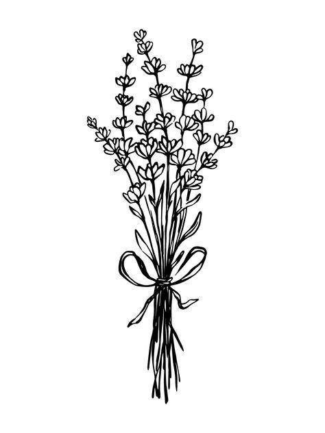 Botanical Illustration Black And White, Lavender Drawing, Bouquet Drawing, Flower Bouquet Drawing, Flower Boquet, Drawing Black And White, Lilac Bouquet, Lavender Tattoo, Bouquet Tattoo