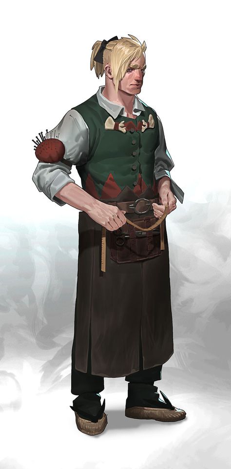 Dnd Tailor, Servant Character Art, Tailor Character Design, Shop Keeper Character Design, Fantasy Tailor, Merchant Concept Art, Shopkeeper Character Design, Dnd Halfling Male, Fantasy Merchant