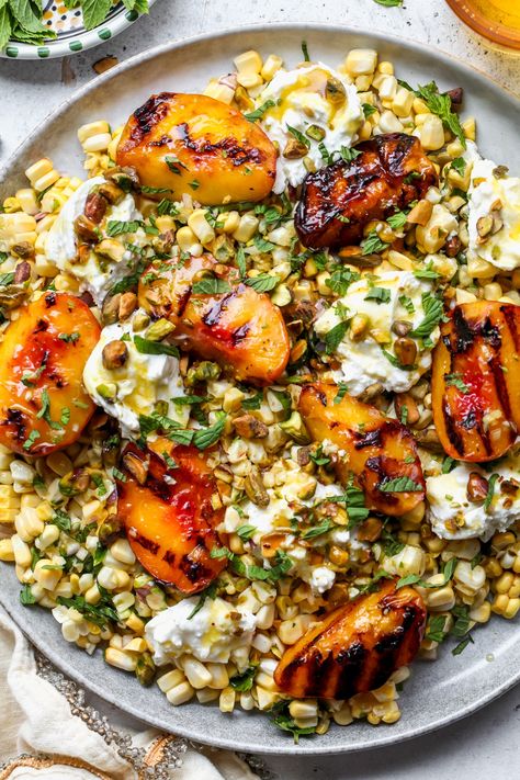 Peach and Burrata Salad - Dishing Out Health Peach And Burrata, Peach Salad Recipes, Salad With Corn, Honey Vinaigrette, Parmesan Roasted Cauliflower, Roasted Cauliflower Recipes, Burrata Salad, Peach Salad, Salad Dishes