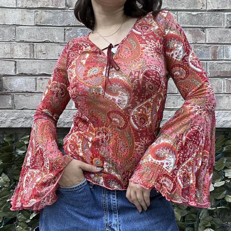 Cutest early Y2K Fairweather boho bell sleeve top <3... - Depop Bell Sleeve Top Pattern, Boho Bell Sleeve Top, Bell Sleeves Top, Top Girls, Sleeves Top, Girl Top, Bell Sleeve, Bell Sleeves, Bell Sleeve Top