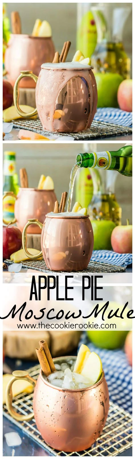 Apple Pie Moscow Mule (Plus Mocktail Version!) So fun for Fall! Apple Cider, Apple Pie or Caramel Vodka, and Ginger Beer! Easy, delish, and refreshing! Best cocktail ever! Fall Apple Cider, Caramel Vodka, Moscow Mule Recipe, Moscow Mules, Mule Recipe, Drink Drank Drunk, Fancy Drinks, Fall Cocktails, Fall Drinks