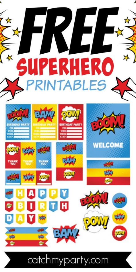 Superhero Birthday Party Printables Free, Marvel Free Printables, Superhero Birthday Party Decorations Free Printable, Superhero Party Food Labels, Free Avengers Printables, Marvel Printables Free, Superhero Park Birthday Party, Superhero Party Printables Free, Superhero Party Decorations Ideas