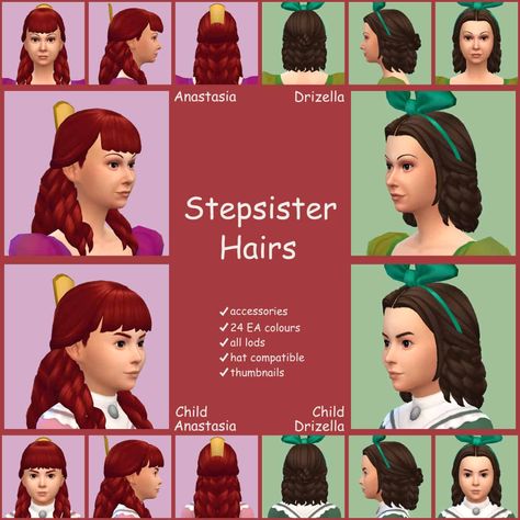 Ultimate List Of Sims 4 kids Hair CC You Need To Download Check more at https://modsella.com/sims-4-kids-hair-cc/ Sims 4 Kids Hair, Cinderella Stepsisters, Anastasia And Drizella, Sims 4 Decades Challenge, Cinderella Hair, Disney Challenge, Disney Hair, Sims 4 Children, Sims House Design