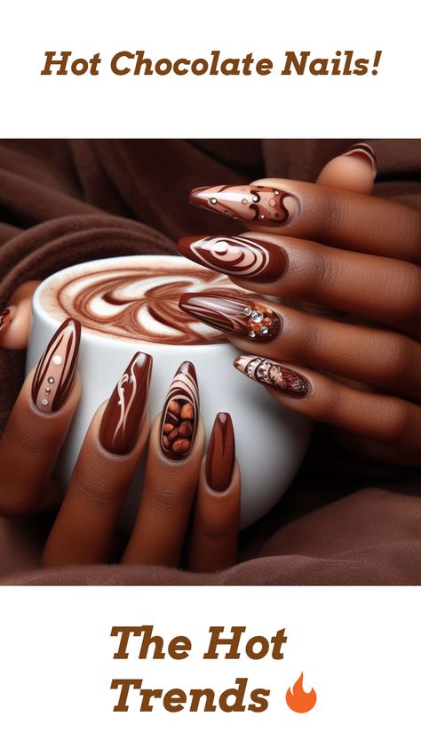 Chocolate Nails Design Art Ideas, Apple Cider Nails, Smores Nails, Iced Coffee Nails, Hot Cocoa Nails, Coffee Inspired Nails, Chocolate Nails Design, Fall October Nails, Hot Chocolate Nails