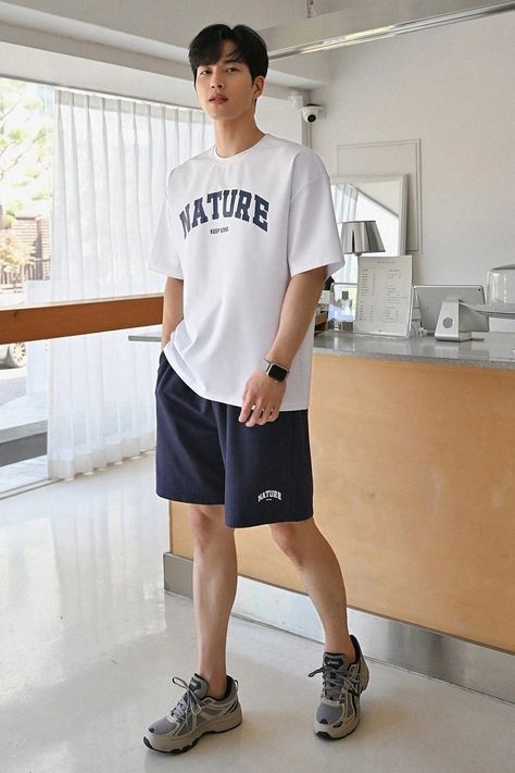 Casual outfit for men, letter print, drop shoulder, half sleeve, crewneck, tee, drawstring waist, slant pockets, track shorts. #men #tshirt #short #koreanfashion Drop Shoulder Tshirt Men Outfit, Casual Outfit For Men, Drop Shoulder Tshirt, Outfit For Men, Drawstring Waist Shorts, Men Tshirt, Drop Shoulder Tee, Blue And White Style, Track Shorts