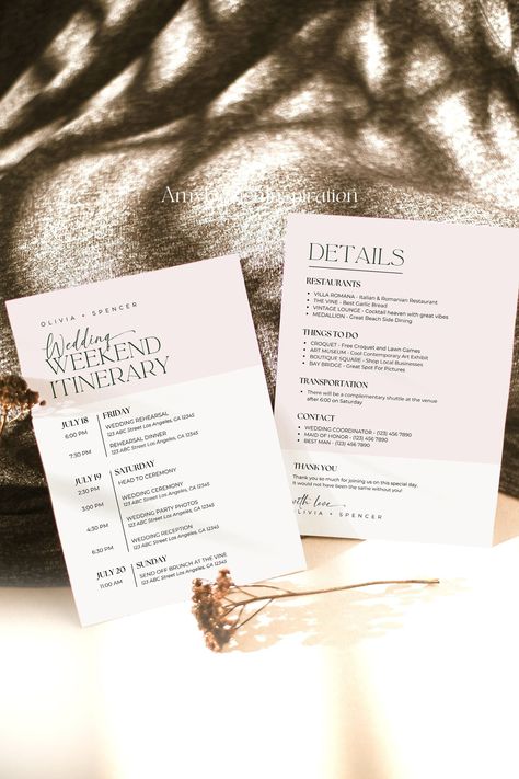 Plan your minimalist wedding weekend with this printable itinerary template!  Customize colors, fonts, and details.  Instant access & easy editing. Includes multiple layouts & file types. Download and print at home or use a professional service. #minimalistwedding #weddingitinerary #weddingplanner #printabletemplate #weddingplanning #DIYwedding #weddingweekend Wedding Invitation Itinerary, Destination Wedding Itinerary Template, Wedding Week Itinerary, Wedding Weekend Itinerary Template, Destination Wedding Itinerary For Guests, Destination Wedding Weekend Itinerary, Wedding Weekend Timeline, Weekend Wedding Itinerary, Wedding Weekend Itinerary For Guests