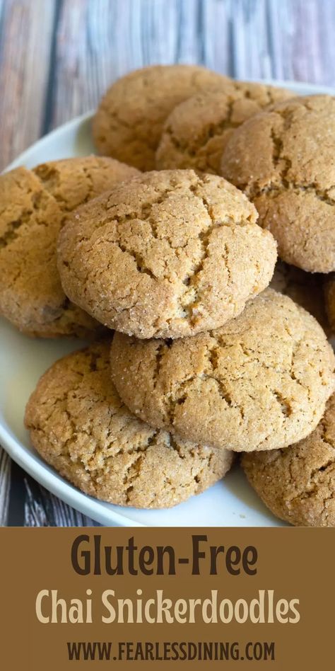 If you love chai flavors, you will love these soft Gluten Free Chai Snickerdoodle Cookies. They are full of chai flavors, and they are so easy to make! Make a big batch in under 30 minutes! Gluten Free Snickerdoodle, Maple Chai Cookies, Chai Snickerdoodle Cookies, Gluten Free Chai Dessert, Gf Chai Cookies, Chai Spice Snickerdoodles, Gluten Free Holiday Cookies, Gluten Free Snickerdoodles, Gluten Free Christmas Cookies