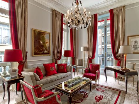 ID-French-Hotel-Plaza-Athenee--Suite--3 French Style Interior Design, Paris Rooms, French Style Interior, Parisian Decor, Red Living, Urban Interiors, Living Room Red, Curtains Living, Red Curtains