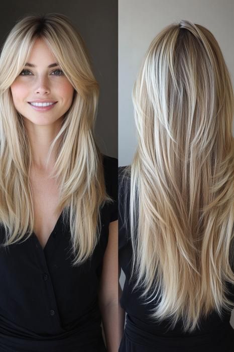 33 Effortless Long Layered Haircuts with Side Bangs Long Blonde Hair Styles With Layers Side Swept Bangs, Long Blonde Hair Styles, Hair Styles With Layers, Layered Haircuts With Side Bangs, Haircuts With Side Bangs, Blonde Hair Styles, Long Platinum Blonde, Blonde Layered Hair, Black Wavy Hair