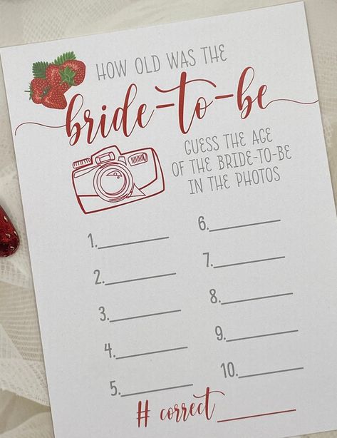 Printed Bridal or Wedding Shower game. Guess the age of the bride from different photos as she grew up. Package of 24, 5x7, 100lb card stock, printed with vibrant red, and a Strawberry design. Cute Bridal Shower Games, Garden Party Bridal Shower Games, Bridal Party Game Ideas, Red Themed Bridal Shower Ideas, Guess The Age Bridal Shower Game, Berry In Love Bridal Shower Theme, Strawberry Bridal Shower Theme, Bridal Shower Layout, August Bridal Shower Ideas