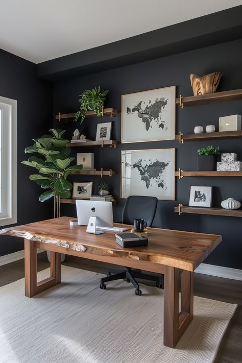 Home Office Display Wall, Back Wall Office Ideas, Feature Wall In Office, Office Moody Design, Home Office Wood Wall, Office With Dark Accent Wall, Black Wall Home Office, Basement Home Office Ideas Masculine, Wall Behind Office Desk