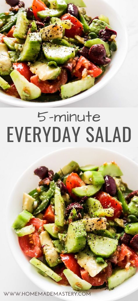 Healthy Everyday Salad Recipe - Homemade Mastery Healthy Salad Ingredients, Everyday Salad, Vegan Low Carb, Lunch Salad, Easy Mediterranean Diet Recipes, Salad Meal Prep, Salad Healthy, Clean Eating Breakfast, Easy Salad