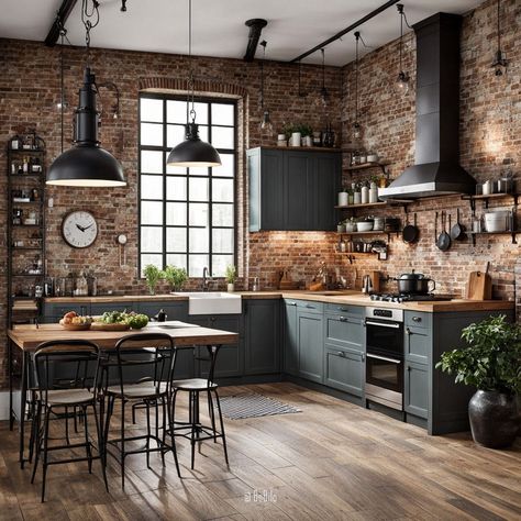 Industrial Kitchen Design, Loft Kitchen, Industrial Style Kitchen, Tiny House Loft, Ethnic Motifs, Scandinavian Kitchen, Modern Loft, Loft Design, Style Deco